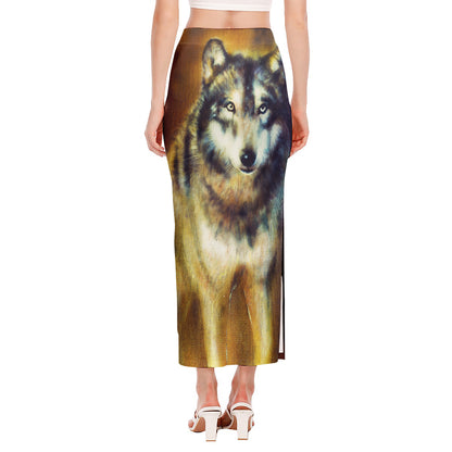 Cosmic Wolf Portrait Print Side Slit Maxi Skirt