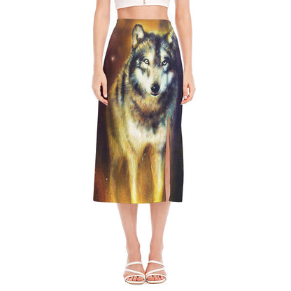 Cosmic Wolf Portrait Print Side Slit Midi Skirt