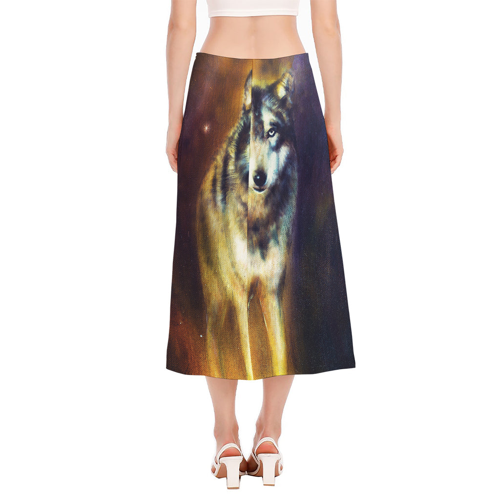 Cosmic Wolf Portrait Print Side Slit Midi Skirt
