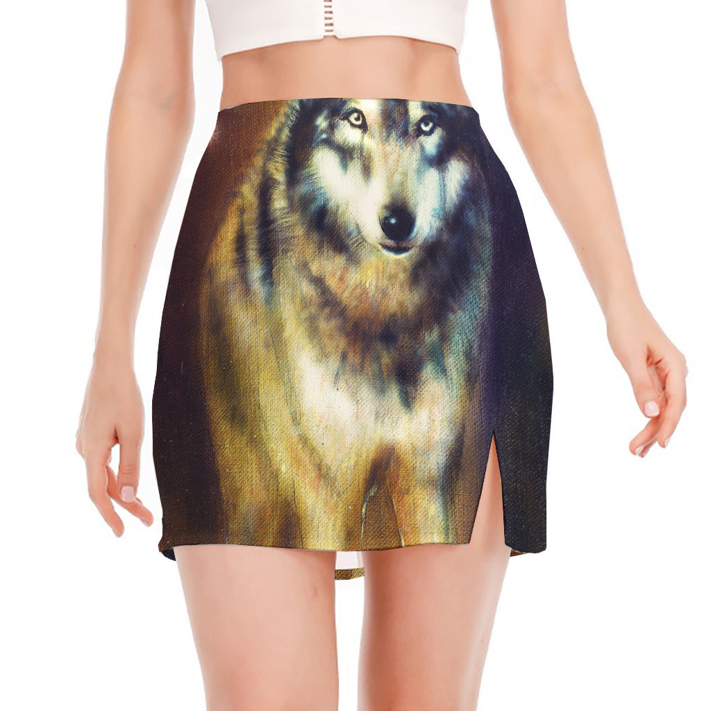 Cosmic Wolf Portrait Print Side Slit Mini Skirt