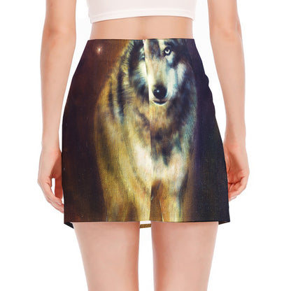 Cosmic Wolf Portrait Print Side Slit Mini Skirt