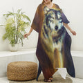 Cosmic Wolf Portrait Print Silk V-Neck Kaftan Dress
