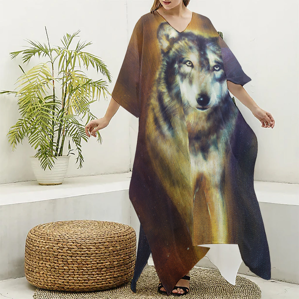 Cosmic Wolf Portrait Print Silk V-Neck Kaftan Dress