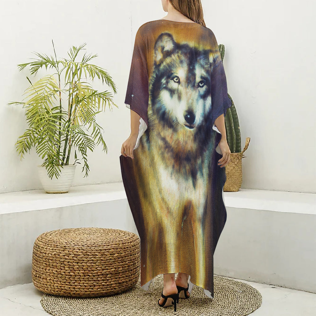 Cosmic Wolf Portrait Print Silk V-Neck Kaftan Dress