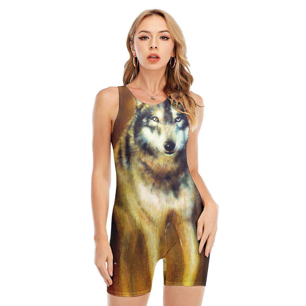 Cosmic Wolf Portrait Print Sleeveless One Piece Swimsuit
