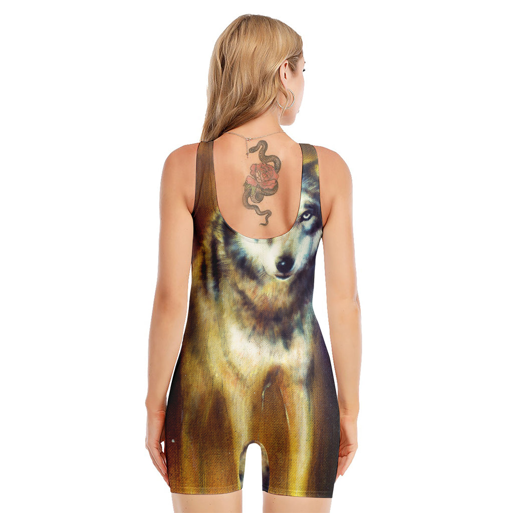 Cosmic Wolf Portrait Print Sleeveless One Piece Swimsuit