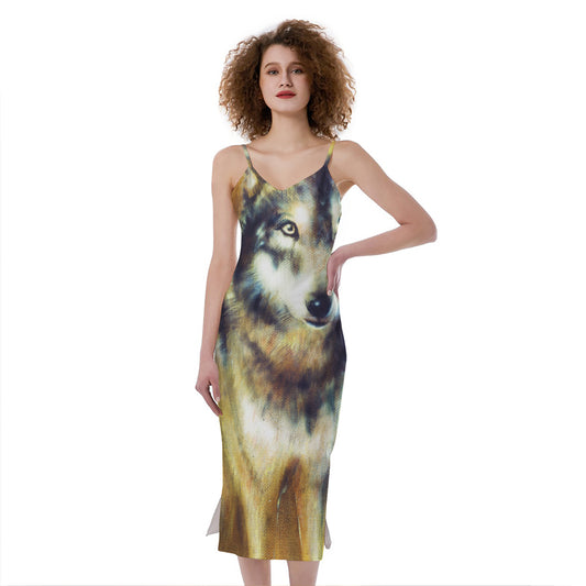 Cosmic Wolf Portrait Print Slim Fit Midi Cami Dress