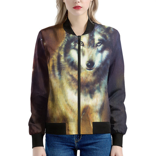 Cosmic Wolf Portrait Print Women's Bomber Jacket