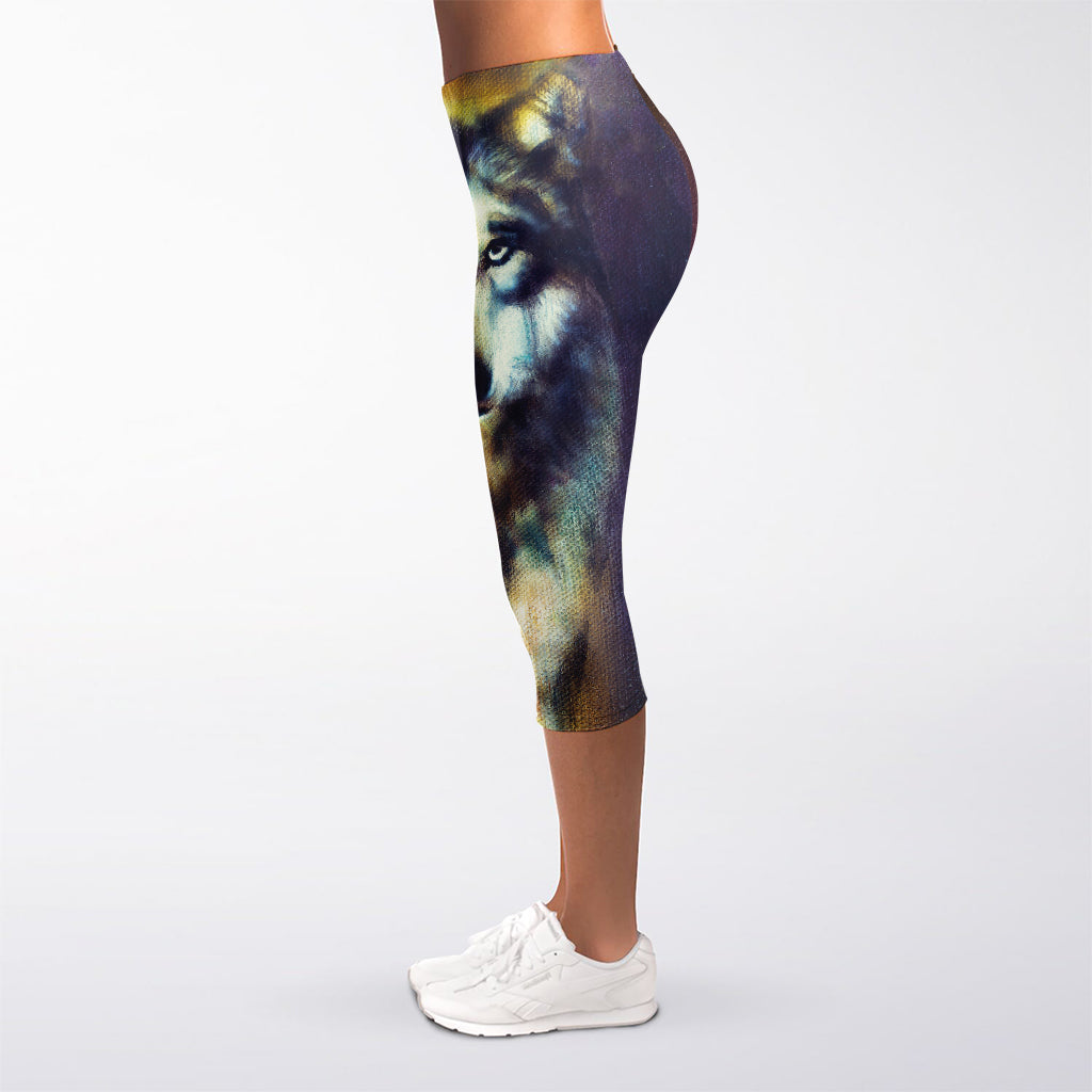 Cosmic Wolf Portrait Print Women's Capri Leggings