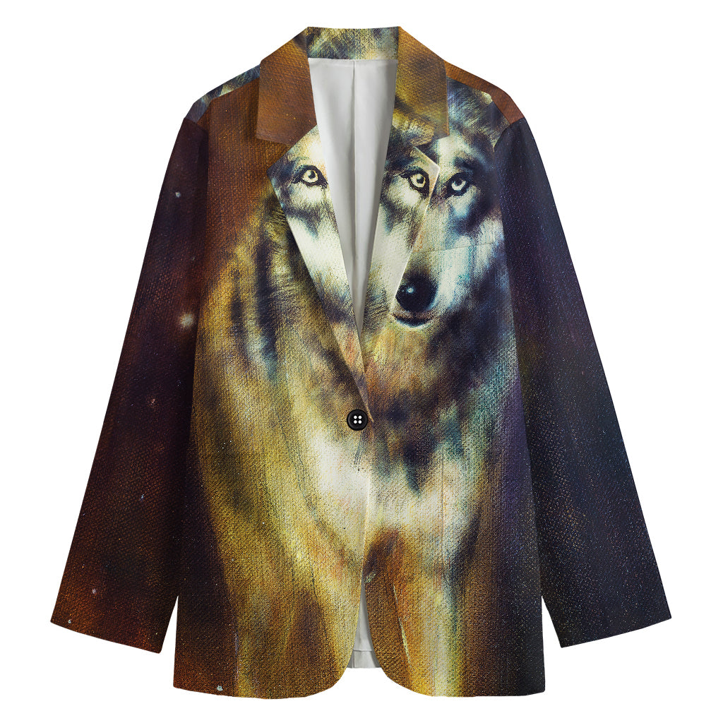 Cosmic Wolf Portrait Print Women's Cotton Blazer