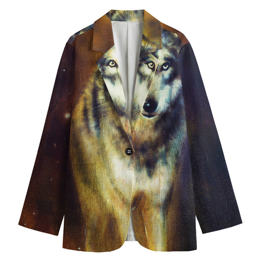 Cosmic Wolf Portrait Print Women's Cotton Blazer