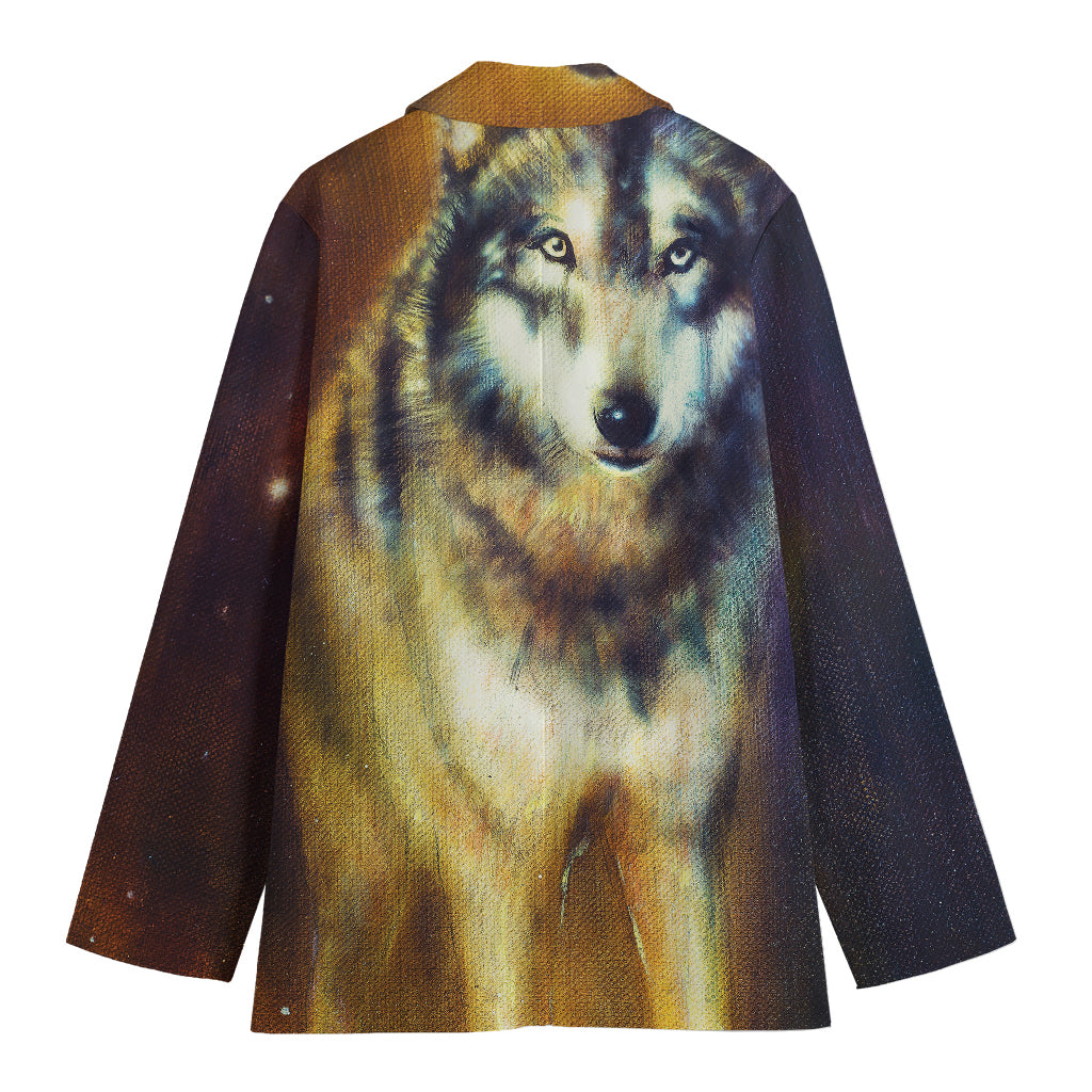 Cosmic Wolf Portrait Print Women's Cotton Blazer
