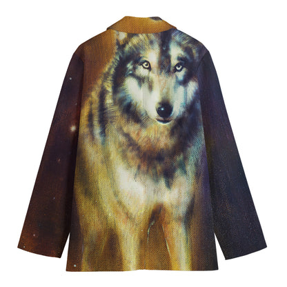 Cosmic Wolf Portrait Print Women's Cotton Blazer