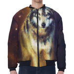 Cosmic Wolf Portrait Print Zip Sleeve Bomber Jacket