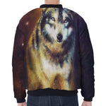 Cosmic Wolf Portrait Print Zip Sleeve Bomber Jacket