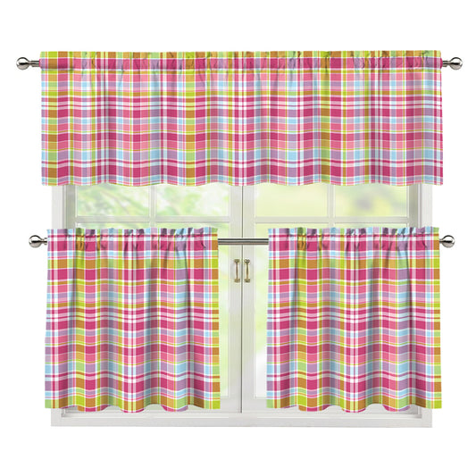 Cotton Candy Pastel Plaid Pattern Print 3 Piece Kitchen Curtains