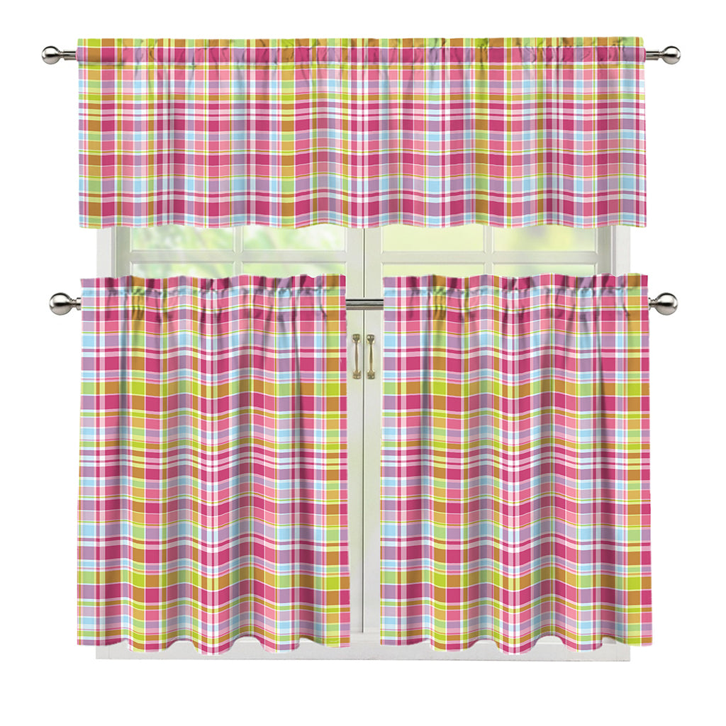 Cotton Candy Pastel Plaid Pattern Print 3 Piece Kitchen Curtains