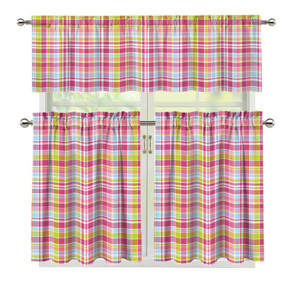 Cotton Candy Pastel Plaid Pattern Print 3 Piece Kitchen Curtains