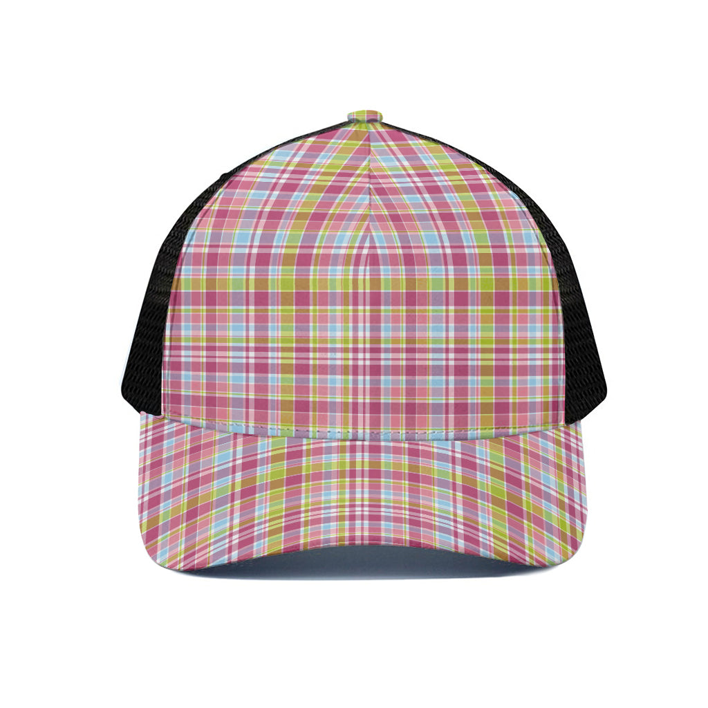 Cotton Candy Pastel Plaid Pattern Print Black Mesh Trucker Cap