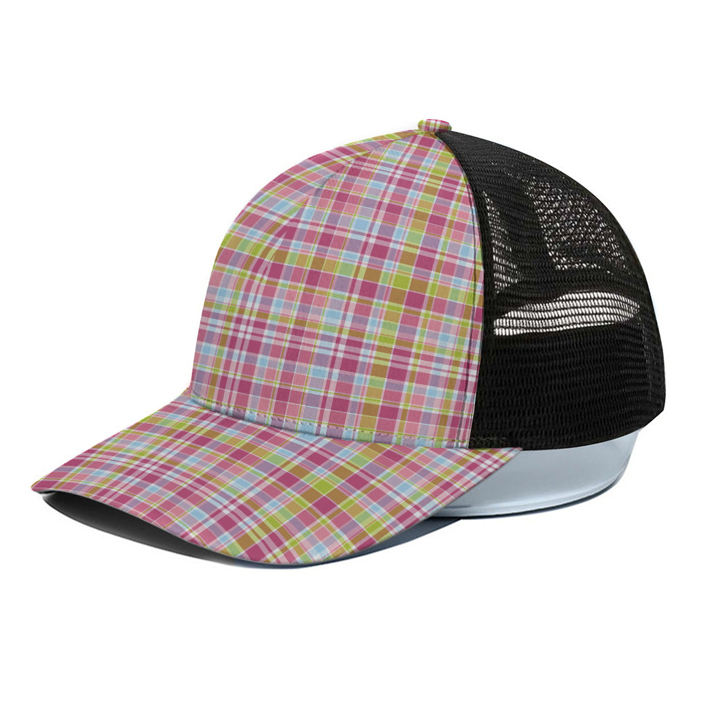 Cotton Candy Pastel Plaid Pattern Print Black Mesh Trucker Cap