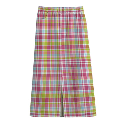 Cotton Candy Pastel Plaid Pattern Print Cotton Front Slit Maxi Skirt