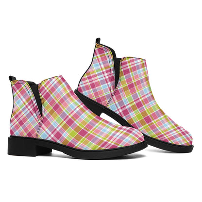 Cotton Candy Pastel Plaid Pattern Print Flat Ankle Boots