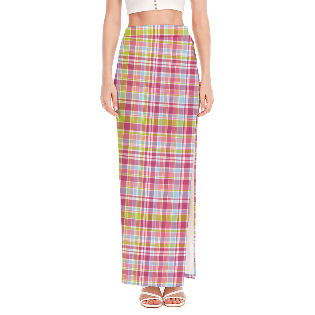 Cotton Candy Pastel Plaid Pattern Print High Slit Maxi Skirt