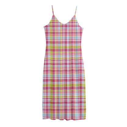 Cotton Candy Pastel Plaid Pattern Print Jersey Midi Cami Dress