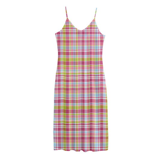 Cotton Candy Pastel Plaid Pattern Print Jersey Midi Cami Dress