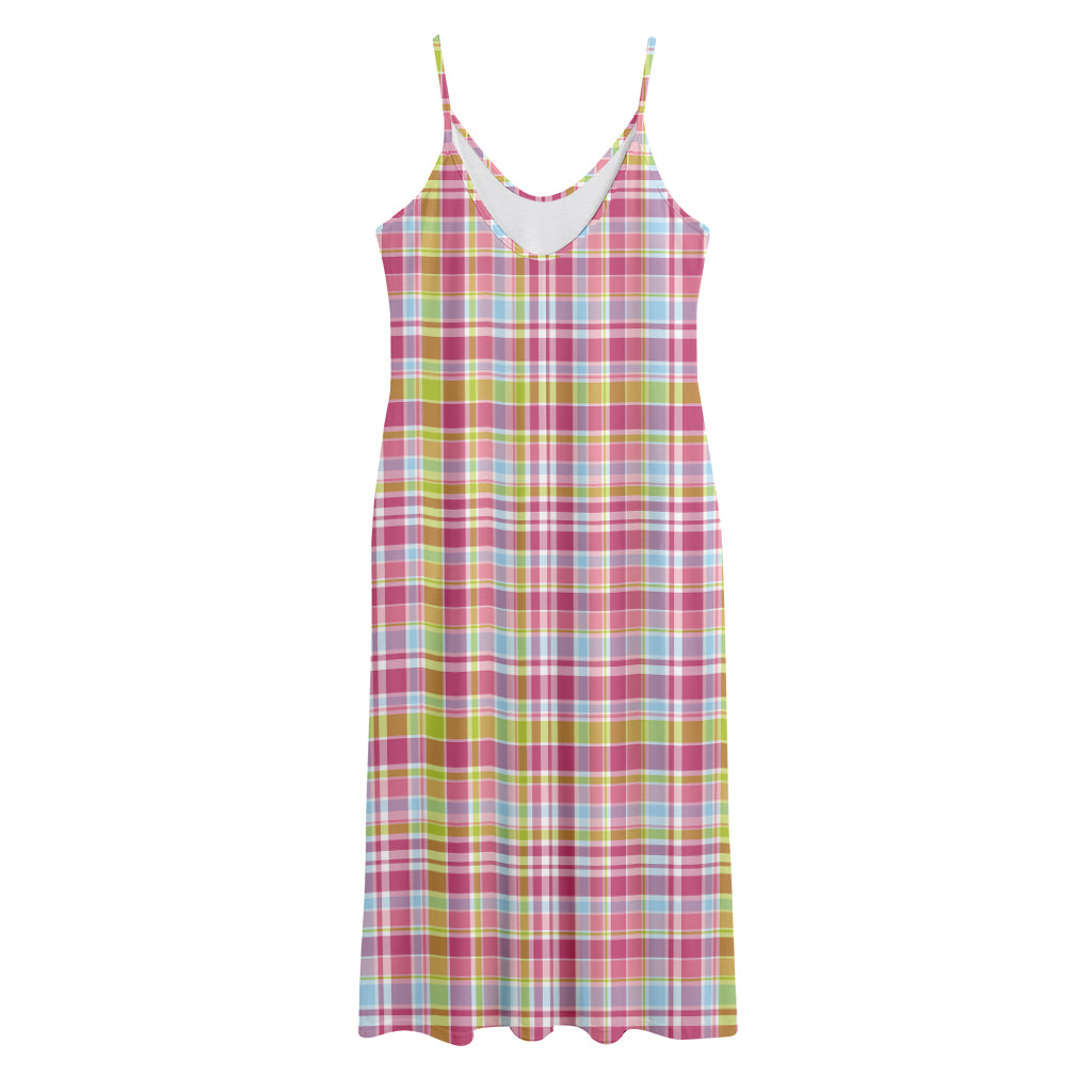 Cotton Candy Pastel Plaid Pattern Print Jersey Midi Cami Dress