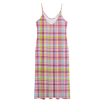 Cotton Candy Pastel Plaid Pattern Print Jersey Midi Cami Dress