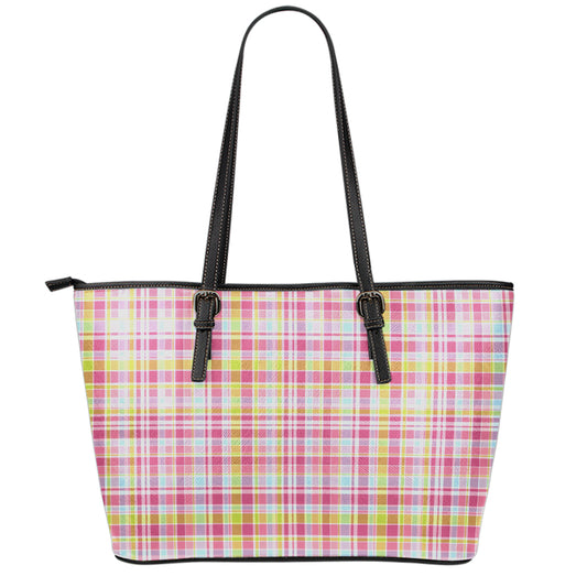 Cotton Candy Pastel Plaid Pattern Print Leather Tote Bag