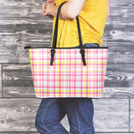Cotton Candy Pastel Plaid Pattern Print Leather Tote Bag
