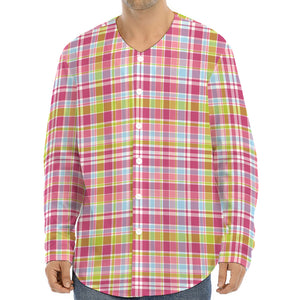 Cotton Candy Pastel Plaid Pattern Print Long Sleeve Baseball Jersey