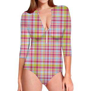 Cotton Candy Pastel Plaid Pattern Print Long Sleeve Swimsuit