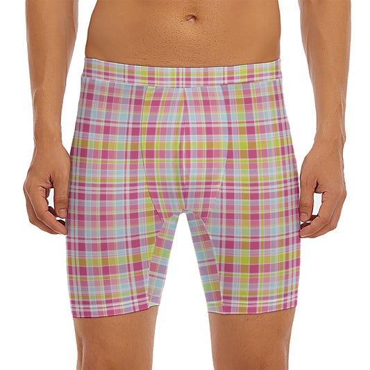 Cotton Candy Pastel Plaid Pattern Print Men's Long Boxer Briefs