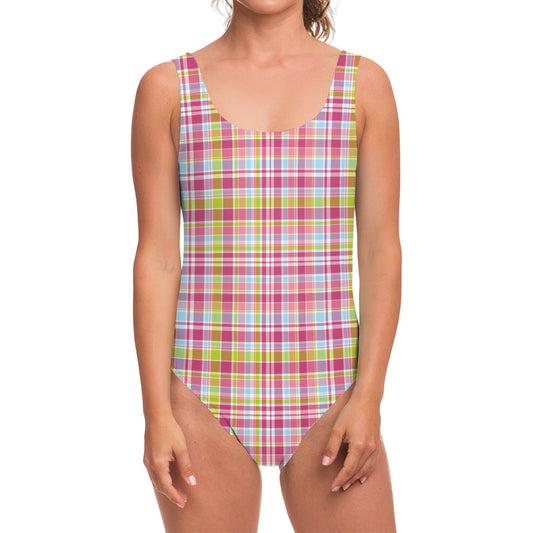 Cotton Candy Pastel Plaid Pattern Print One Piece Swimsuit