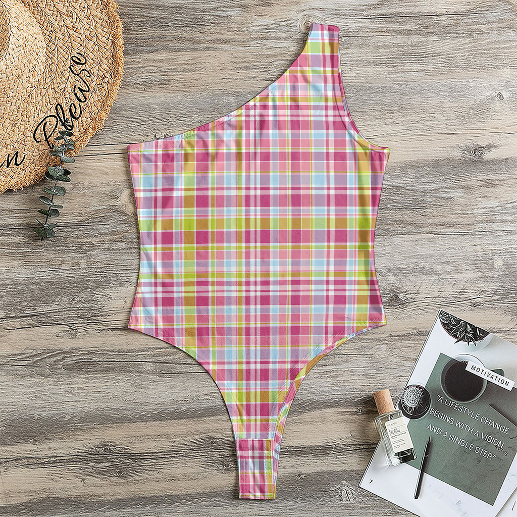 Cotton Candy Pastel Plaid Pattern Print One Shoulder Bodysuit