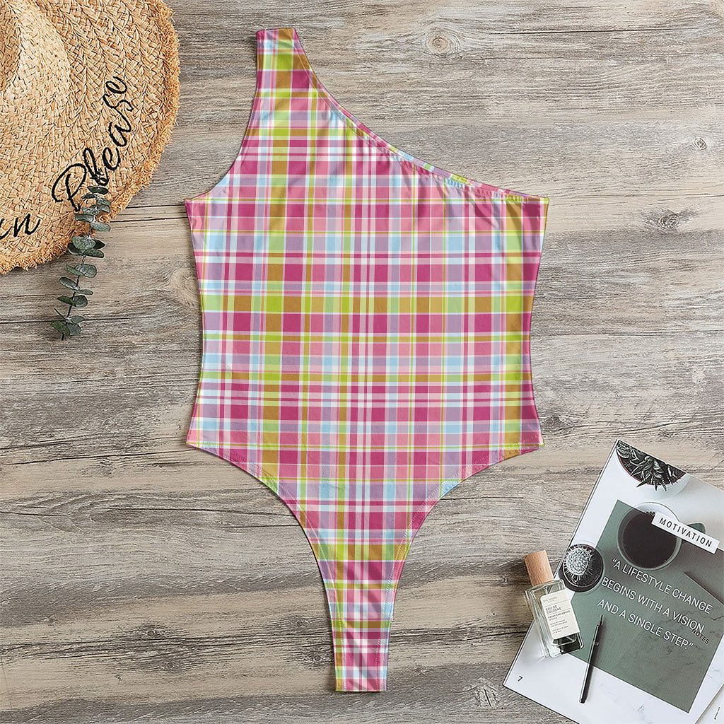 Cotton Candy Pastel Plaid Pattern Print One Shoulder Bodysuit