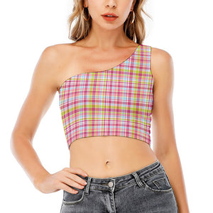 Cotton Candy Pastel Plaid Pattern Print One Shoulder Crop Top