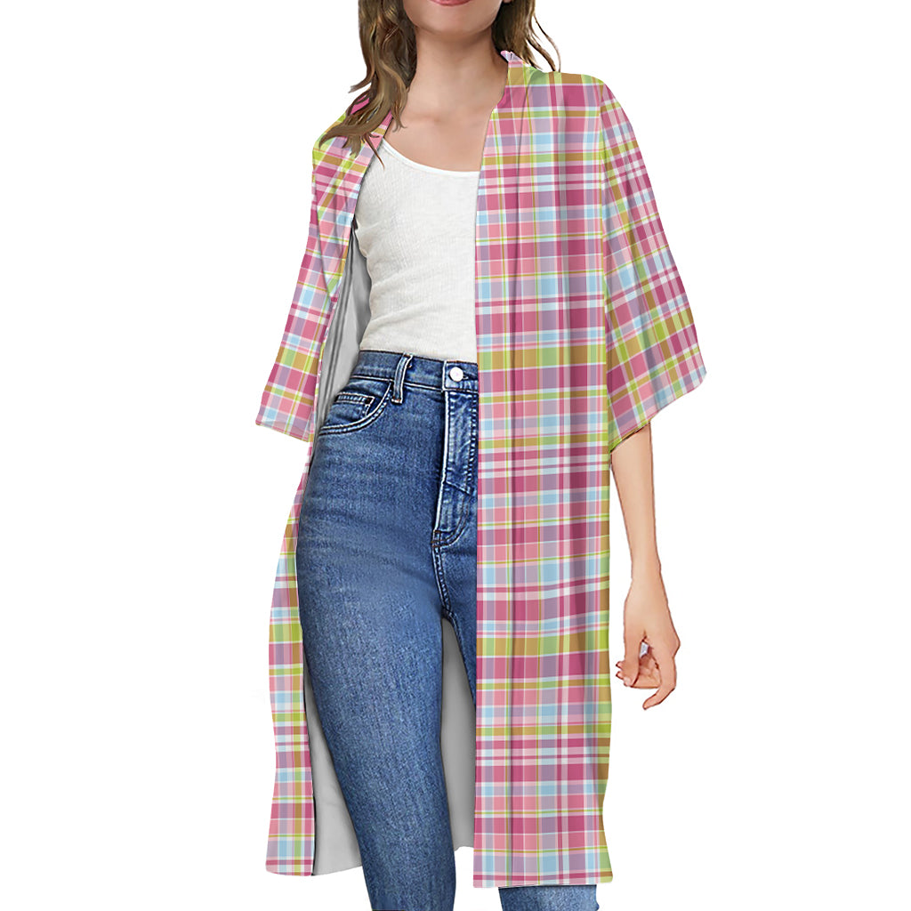 Cotton Candy Pastel Plaid Pattern Print Open Front Beach Cover Up