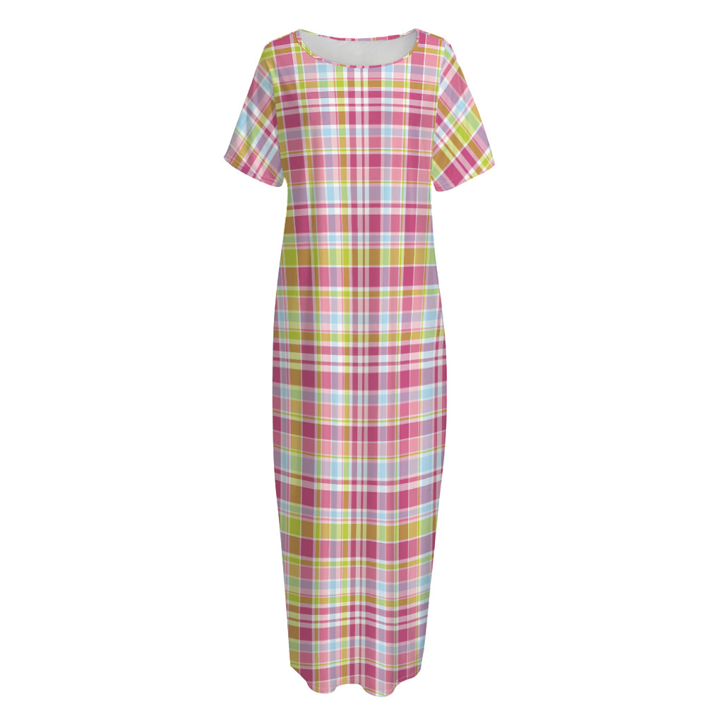 Cotton Candy Pastel Plaid Pattern Print Short Sleeve Long Nightdress