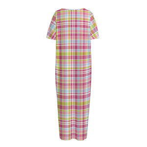 Cotton Candy Pastel Plaid Pattern Print Short Sleeve Long Nightdress