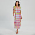 Cotton Candy Pastel Plaid Pattern Print Short Sleeve Maxi Dress