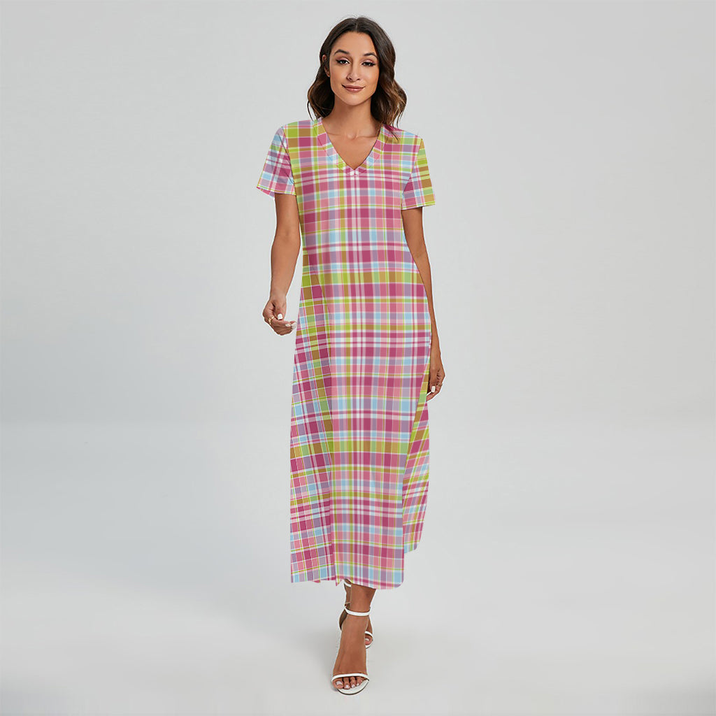 Cotton Candy Pastel Plaid Pattern Print Short Sleeve Maxi Dress