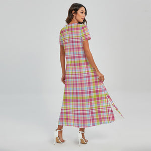 Cotton Candy Pastel Plaid Pattern Print Short Sleeve Maxi Dress