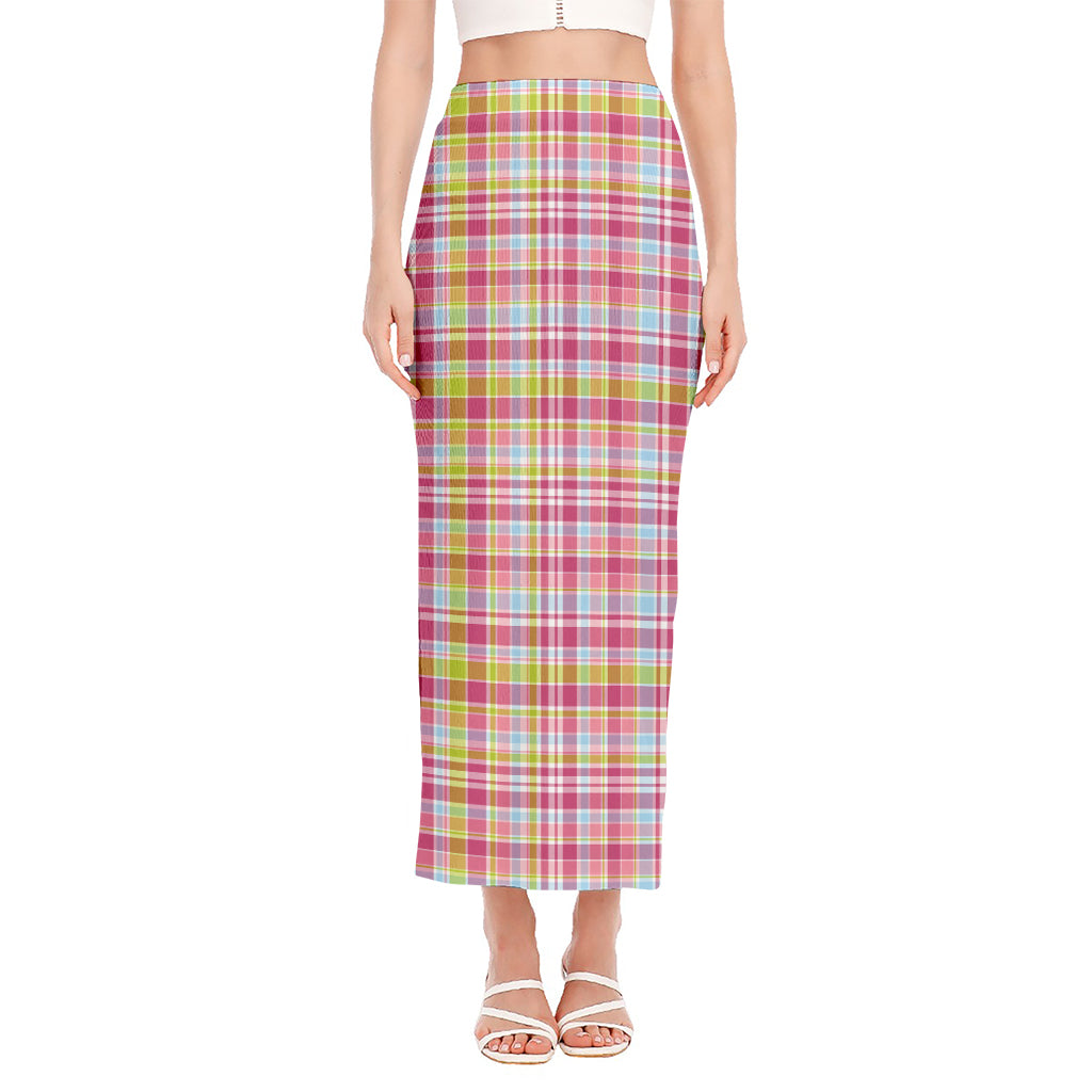 Cotton Candy Pastel Plaid Pattern Print Side Slit Maxi Skirt