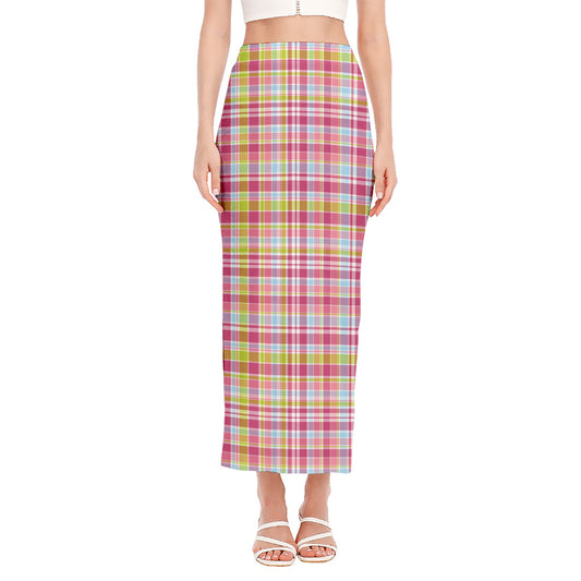 Cotton Candy Pastel Plaid Pattern Print Side Slit Maxi Skirt