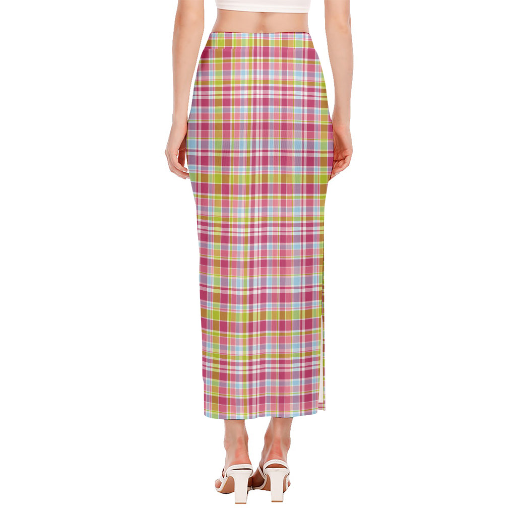 Cotton Candy Pastel Plaid Pattern Print Side Slit Maxi Skirt