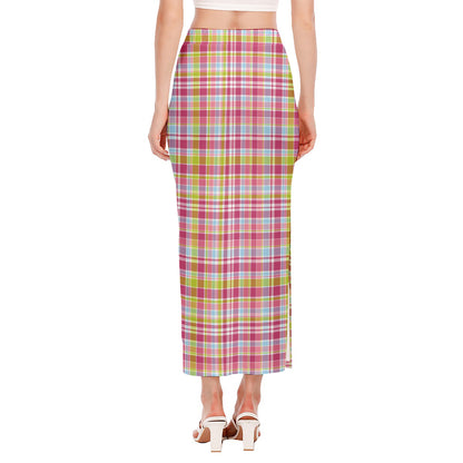 Cotton Candy Pastel Plaid Pattern Print Side Slit Maxi Skirt
